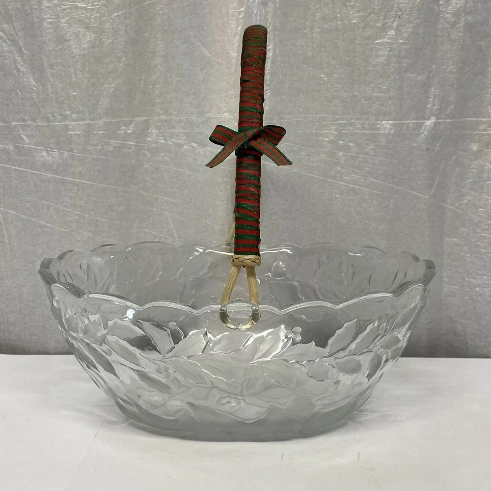 Glass Bowl Poinsettia Holly Berry Etched Handle Basket Holiday Serving Dish‎